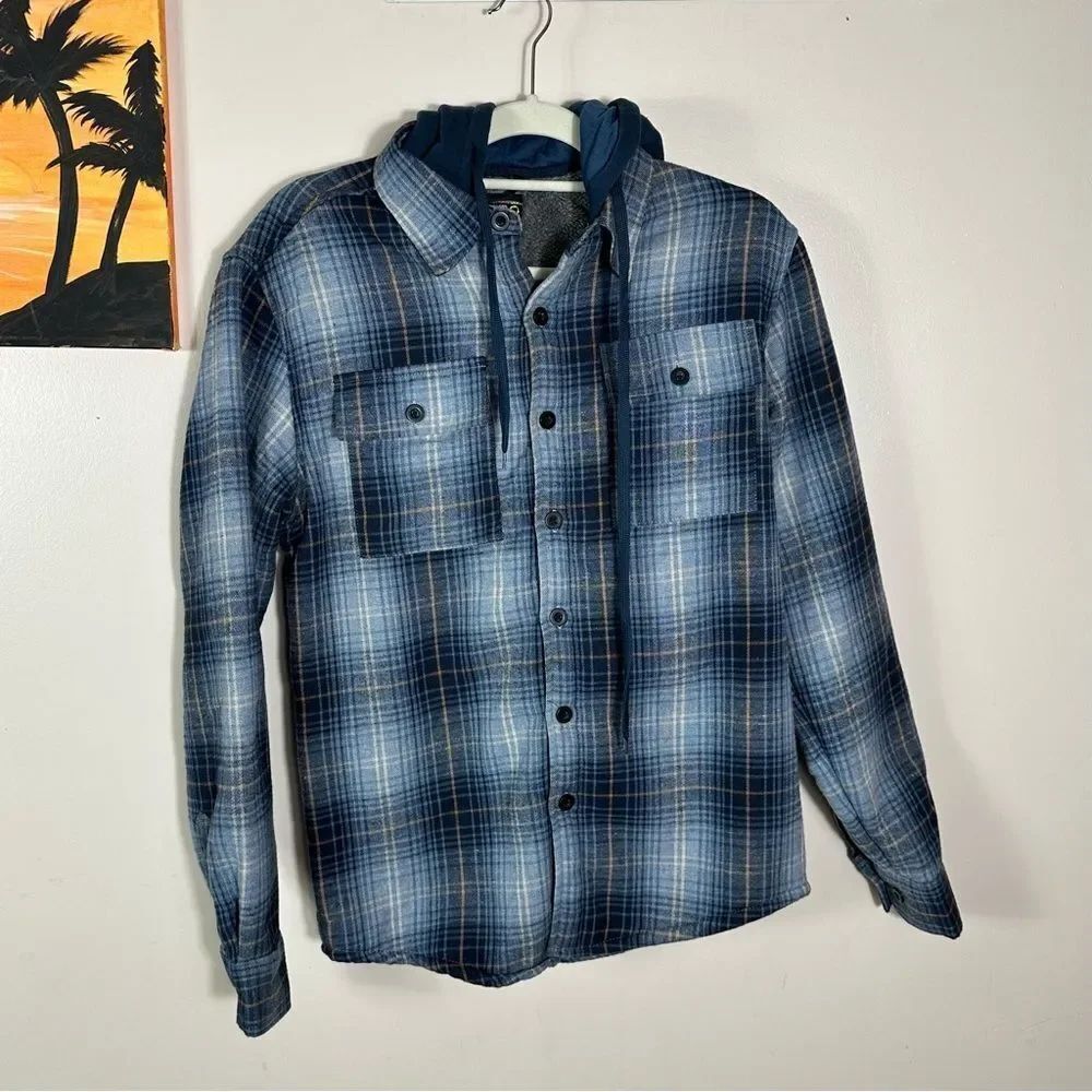 Blue Plaid Button-Up Shirt with Hood